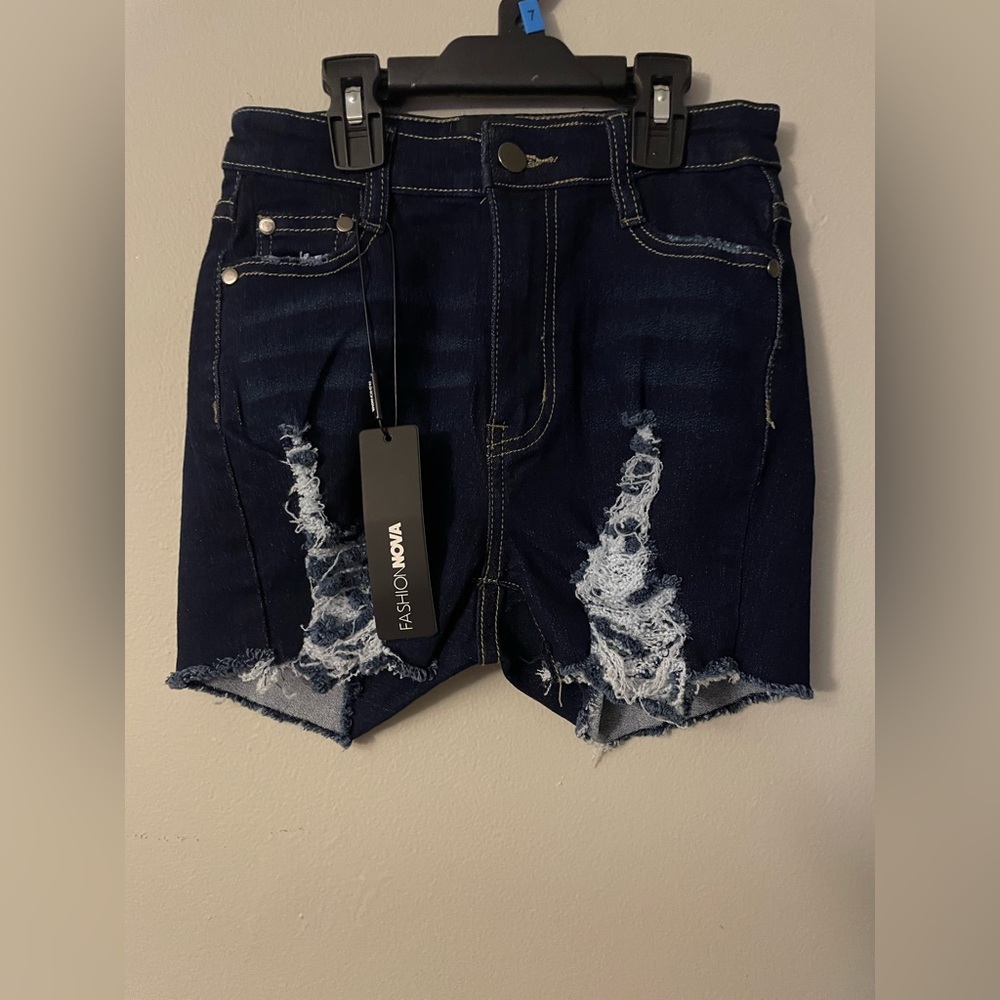 Fashion Nova Dark Blue Distressed Shorts